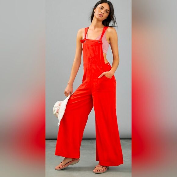 Anthropologie Rompers Constance Red Wide-Leg Overalls Linen Bland XS Relaxed Fit - Picture 1 of 10